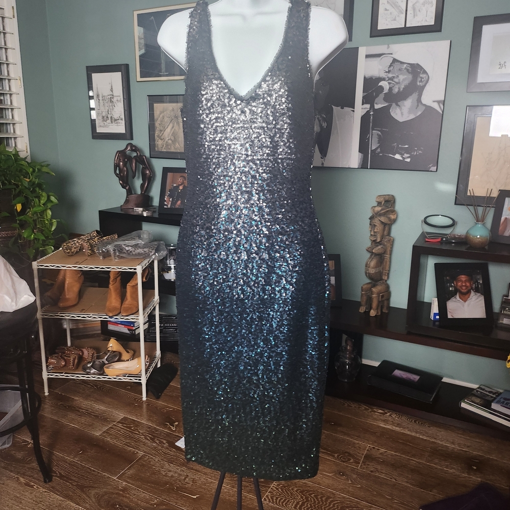 RACHEL Rachel Roy Black and Blue Sequin V-Neck Midi Dress